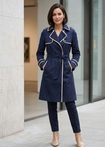 Classic Navy Trench Coat with Cream Trim