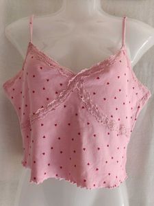New look Pink Heart Print Lace Trim Cami Top