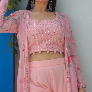 Embroidered Mirror Work Top With Sharara &amp; Shrug