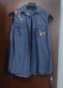 Sleeveless Denim Shirt with Floral Embroidery