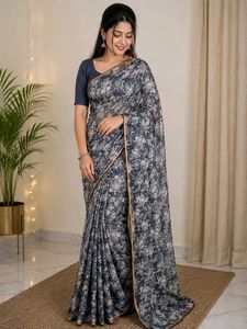 Elegant Floral Print Saree  with Beaded Trim