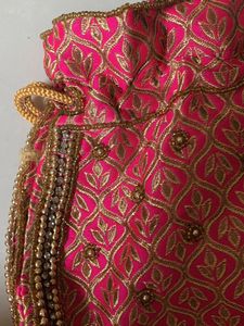 Pink &amp; Gold Embroidered Potli Bag