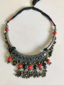Boho Oxidized Silver Beaded Choker Necklace