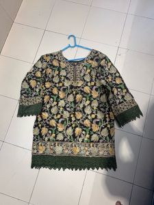 Embroidered Black Kurta with Green Lace