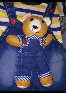 Cute Teddy Bear Denim Overalls Set