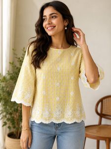 Pretty Yellow Gingham Embroidered Top