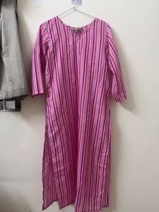 Pink Striped Cotton Blend Straight Kurta