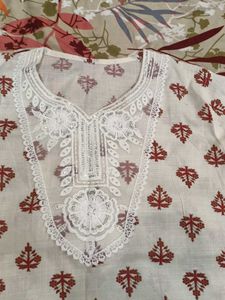 Cream Cotton Kurta with Red Print