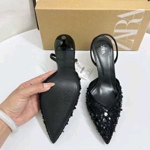 Zara Black Sequin Pointed Heels