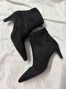 Black Suede-Effect Pointed-Toe Ankle Boots