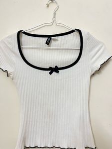 White Ribbed Top with Black Trim