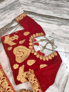 Bridal Red Velvet Lehenga Choli with Golden Embroi