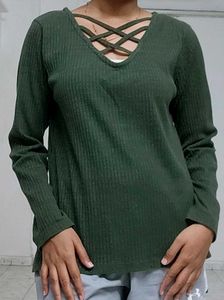 Green Crisscross Neck Ribbed Long Sleeve Top