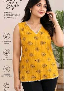 Yellow Sleeveless Printed Kurta
