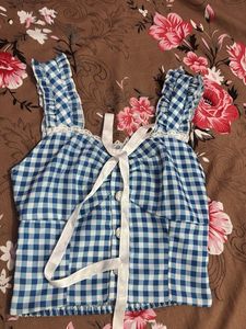 Blue Gingham Crop Top with Ribbon Tie