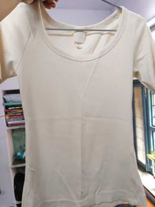 Cream Ribbed Short Sleeve Top