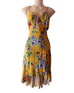 Yellow Floral Midi Dress with Tie-Front