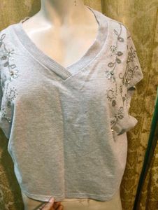 Grey embellished oversized top