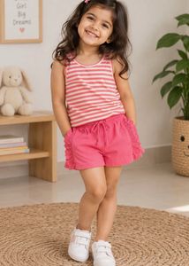 Cute Pink Striped Double Tank Top and Shorts Set