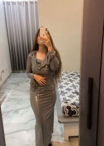 Silver Party Dress with boat neck and bell sleeves
