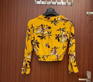 yellow floral shirt style crop top