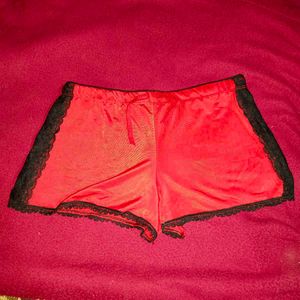 Red Satin Pajama Set with Black Lace