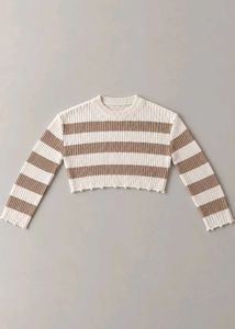 CREAM &amp; BROWN STRIPED CROPPED RIBBED SWEATER