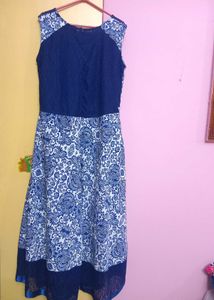 Blue &amp; White Printed Dress with Lace