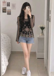 Embellished Black Sheer Top