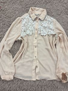 Sheer Lace Detail Button-Up Blouse