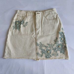 Cream Denim Skirt with Blue Floral Applique