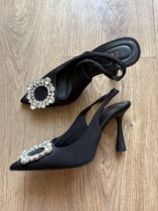 Elegant Black Slingback Heels with Crystal Embelli