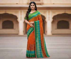 Party Wear Saree(Orange &amp; Green Colour)