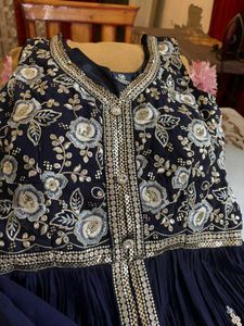 Elegant Navy Blue Embroidered Gown With Dupata &amp; P