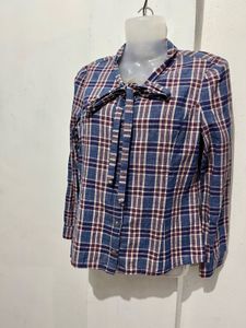 Plaid Button-Up Bow Neck Blouse