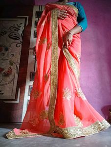 Beautiful Orange Embroidered Saree &amp; ready blouse