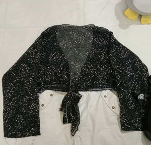 Sheer Black & White Star Print Tie Front Top