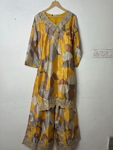 Mustard Yellow Printed 3-Piece Suit with Neckline
