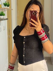 Stylish Black Textured Puff Sleeve Blouse