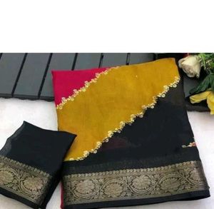 Vibrant Color Block Saree with Golden Border