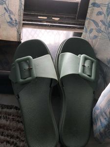 Green Buckle Slide Sandals
