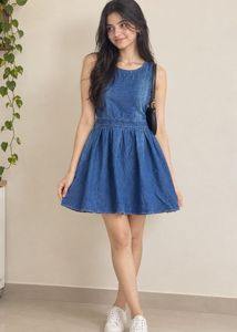 Blue Denim Fit & Flare Dress