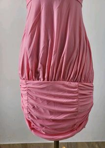 Pink Ruched V-Neck Dress