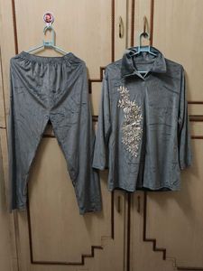Elegant Grey Embroidered Loungewear Set
