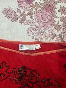 Red Embroidered 3/4 Sleeve Top