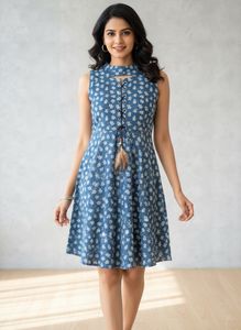 Denim Floral Print Lace-Up Dress