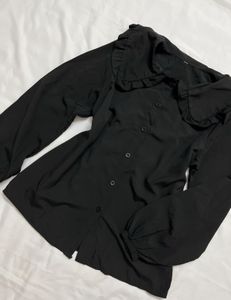 Chic Black Ruffled Collar Blouse