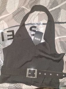 Stylish Black Halter Top with Belt Detail