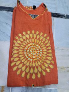 Orange Kurta with Floral Embroidery