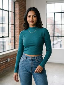 Teal Long Sleeve Mock Neck Crop Top